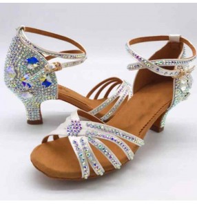 Women girls white black flesh sparkling latin dance shoes waltz tango salsa rumba chacha performance sandals for female 2inch heel